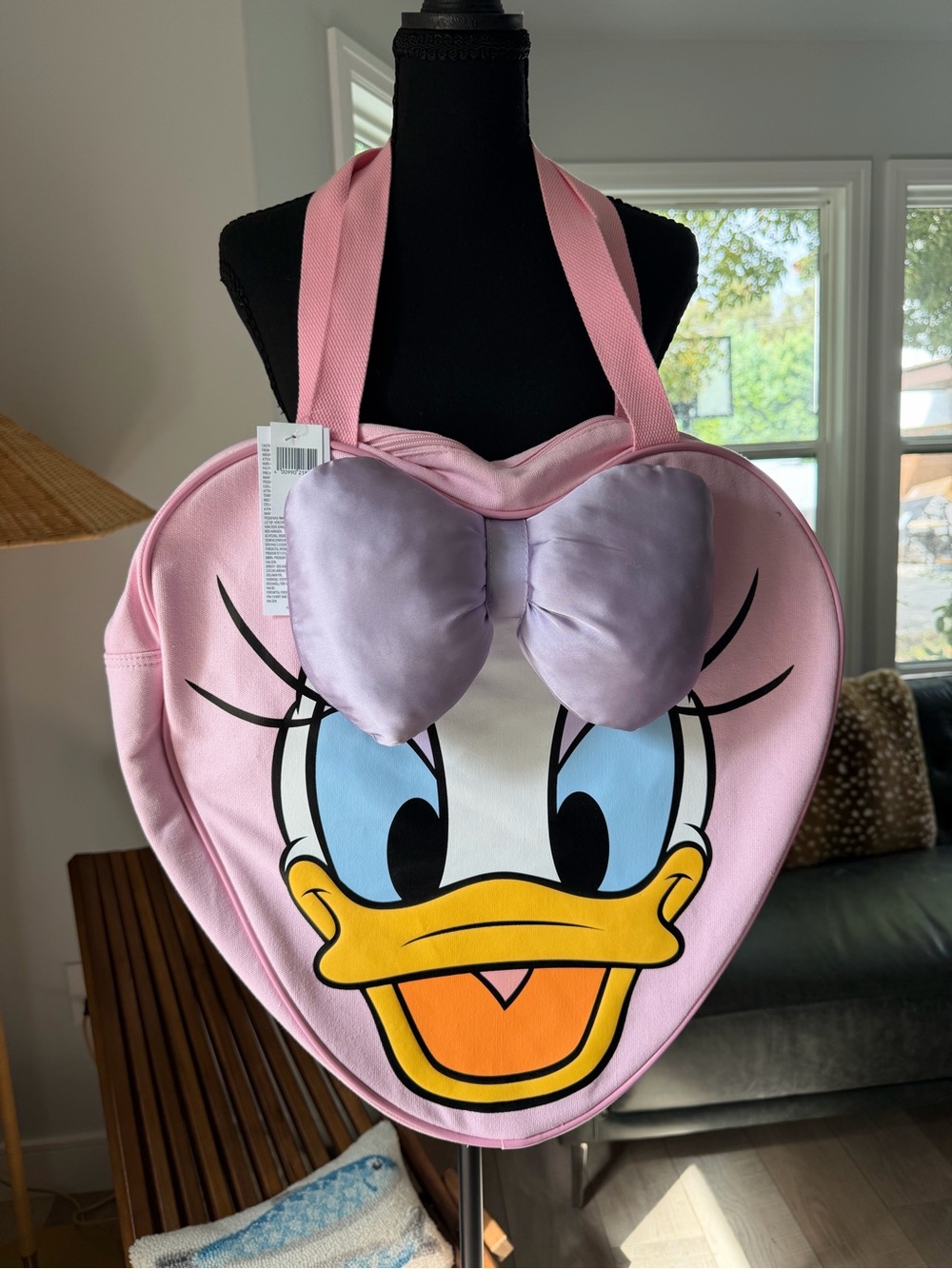 Disney BIG Pink Daisy Duck Heart Tote with Lavender Bow